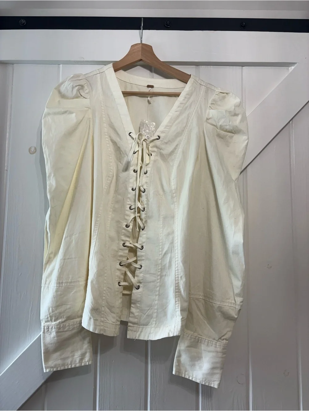 Free People Ivory Lace-Up Corset Puff Sleeve Cream Blouse Cottagecore Prairie M